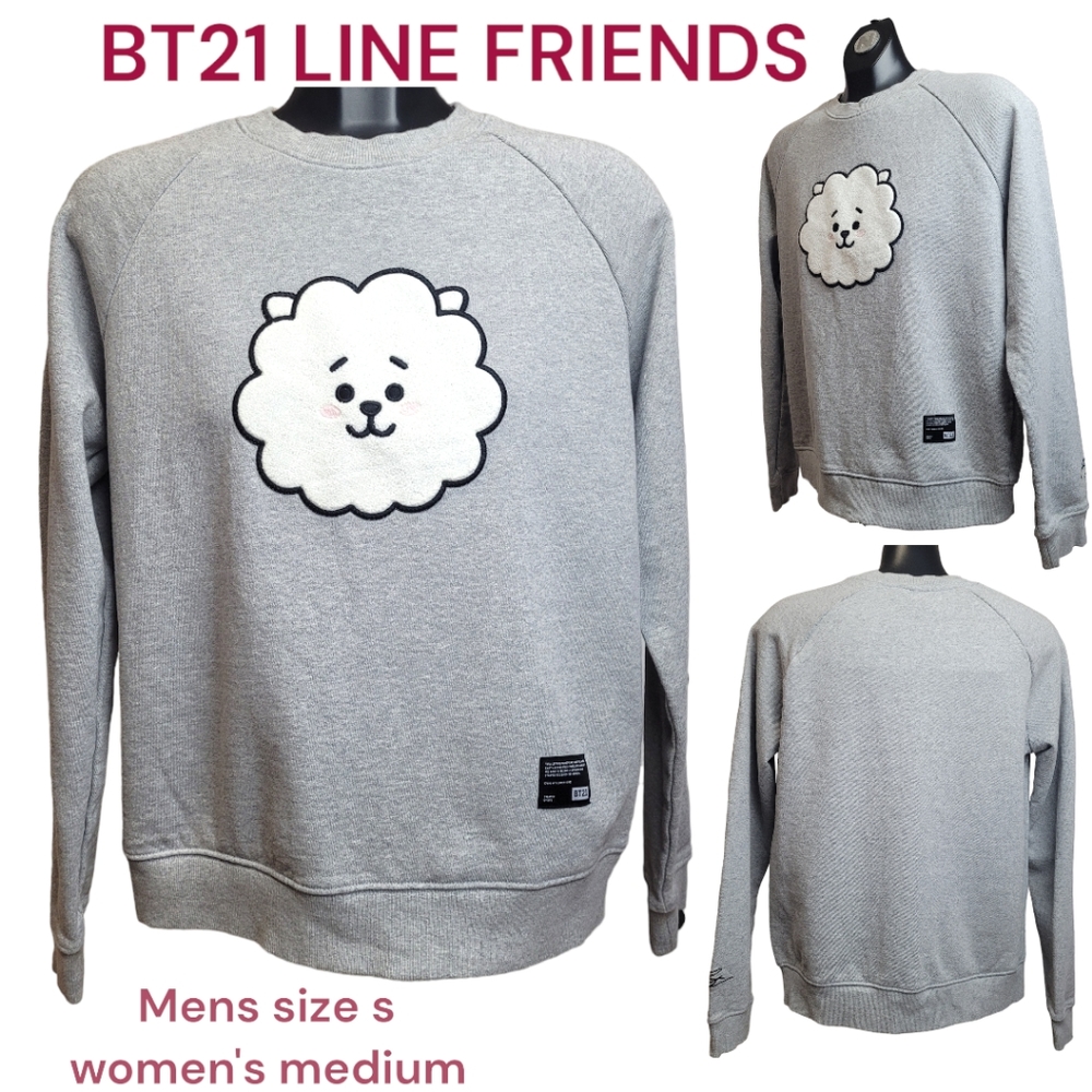 BT21 lines friends RJ face Pullover cotton crewneck sweatshirt gray women's M